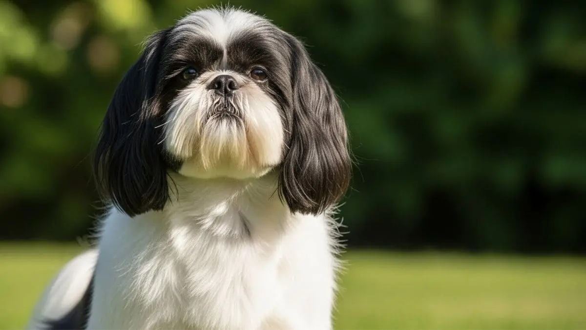 Um Shih Tzu adulto com pelagem longa e brilhante nas cores preto e branco, sentado em um gramado.