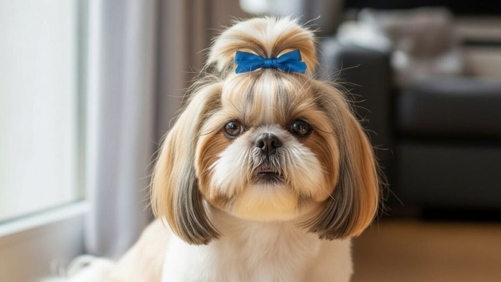 Shih Tzu com os pelos da face presos em um topete com laço, exemplificando como cuidar dos olhos do Shih Tzu evitando o contato dos fios com a córnea.