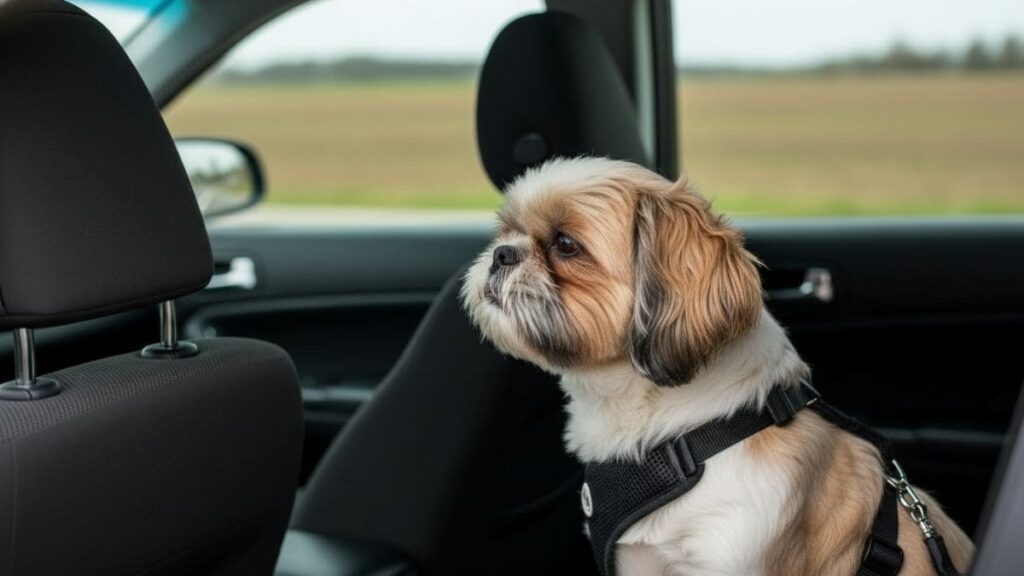Shih Tzu dentro de um carro olhando pela janela fechada, demonstrando como cuidar dos olhos do Shih Tzu ao evitar o contato direto com o vento e poeira.