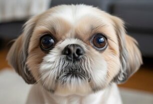 Shih Tzu com olhos saudáveis e brilhantes olhando para a câmera, ilustrando como cuidar dos olhos do Shih Tzu.