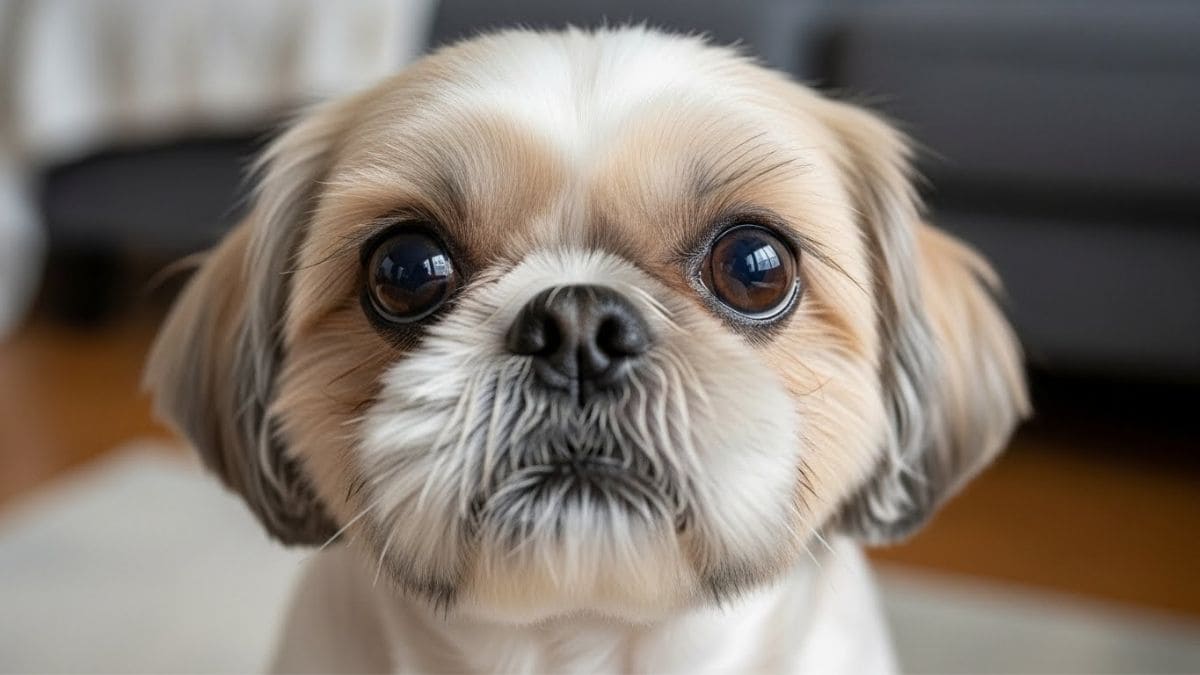 Shih Tzu com olhos saudáveis e brilhantes olhando para a câmera, ilustrando como cuidar dos olhos do Shih Tzu.