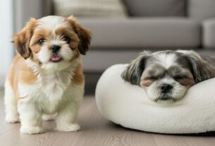 Um filhote de Shih Tzu marrom e branco em pé ao lado de um Shih Tzu idoso de pelagem cinza dormindo em uma caminha branca, ilustrando o ciclo de vida e longevidade da raça.