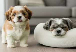 Um filhote de Shih Tzu marrom e branco em pé ao lado de um Shih Tzu idoso de pelagem cinza dormindo em uma caminha branca, ilustrando o ciclo de vida e longevidade da raça.