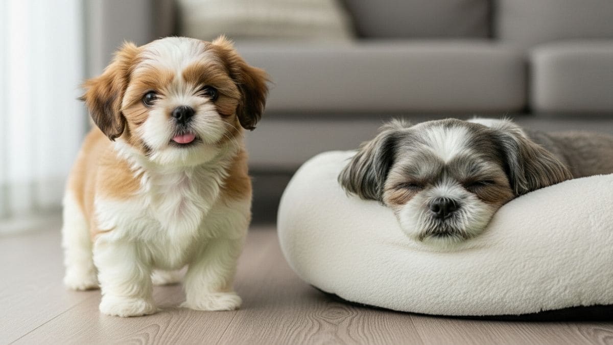 Um filhote de Shih Tzu marrom e branco em pé ao lado de um Shih Tzu idoso de pelagem cinza dormindo em uma caminha branca, ilustrando o ciclo de vida e longevidade da raça.