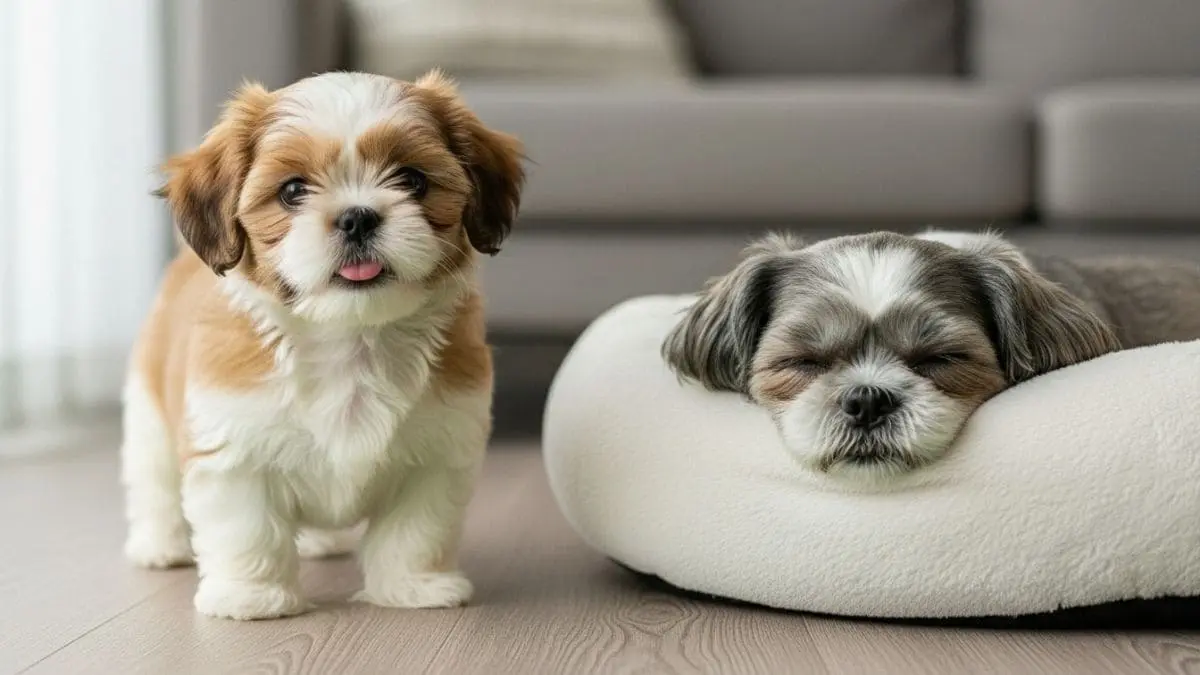 Um filhote de Shih Tzu marrom e branco em pé ao lado de um Shih Tzu idoso de pelagem cinza dormindo em uma caminha branca, ilustrando o ciclo de vida e longevidade da raça.