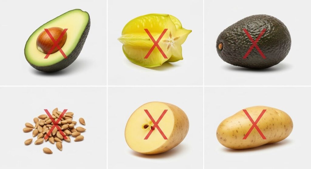 Montagem com abacate, carambola, sementes, batata e outros alimentos proibidos para Shih Tzu, todos sinalizados com símbolo de proibição.