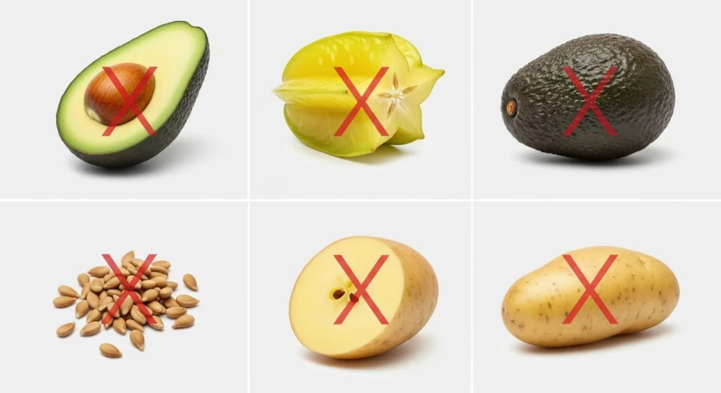 Montagem com abacate, carambola, sementes, batata e outros alimentos proibidos para Shih Tzu, todos sinalizados com símbolo de proibição.