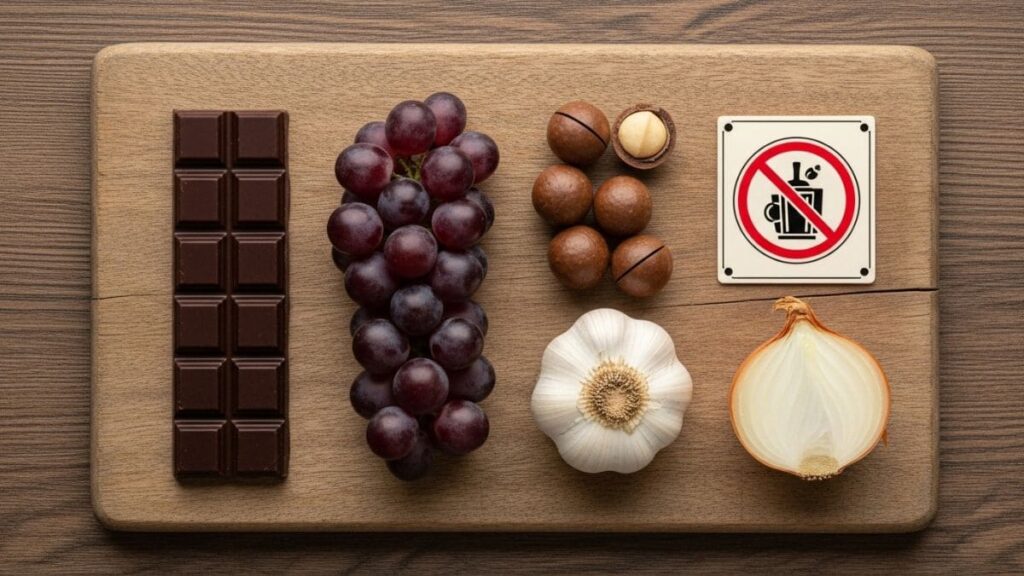 Shih Tzu sentado próximo a uma mesa com chocolate, uvas e cebola, exemplos de alimentos proibidos para Shih Tzu.