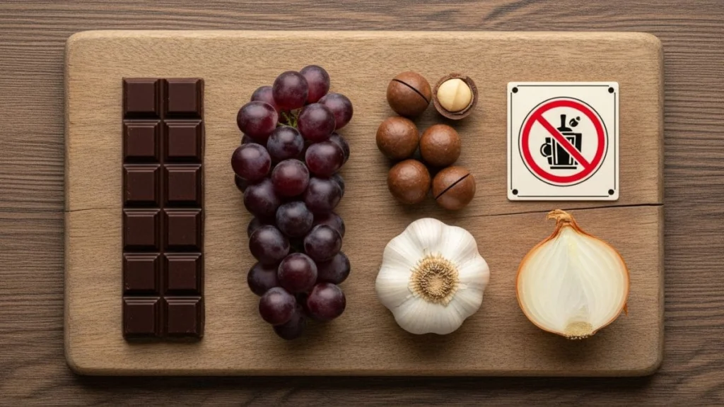 Shih Tzu sentado próximo a uma mesa com chocolate, uvas e cebola, exemplos de alimentos proibidos para Shih Tzu.