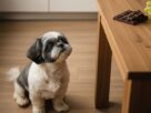 Shih Tzu sentado em frente a uma mesa com chocolate, uvas e cebola, exemplos de alimentos proibidos para Shih Tzu.