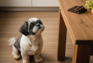 Shih Tzu sentado em frente a uma mesa com chocolate, uvas e cebola, exemplos de alimentos proibidos para Shih Tzu.