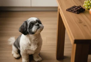Shih Tzu sentado em frente a uma mesa com chocolate, uvas e cebola, exemplos de alimentos proibidos para Shih Tzu.
