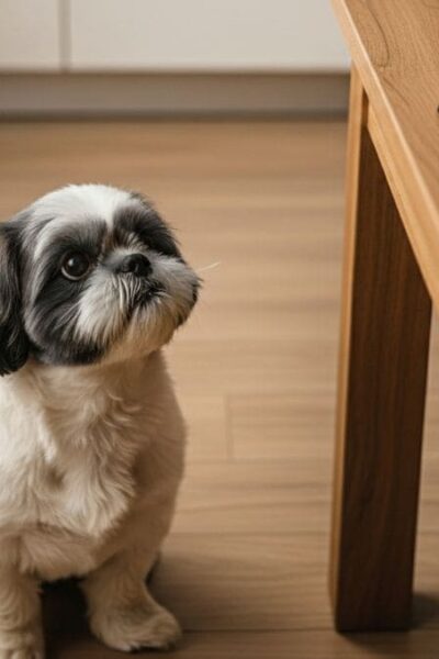 Shih Tzu sentado em frente a uma mesa com chocolate, uvas e cebola, exemplos de alimentos proibidos para Shih Tzu.