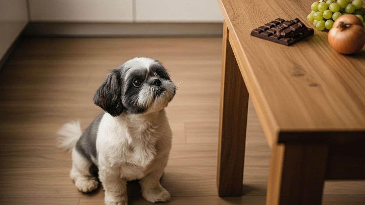 Shih Tzu sentado em frente a uma mesa com chocolate, uvas e cebola, exemplos de alimentos proibidos para Shih Tzu.