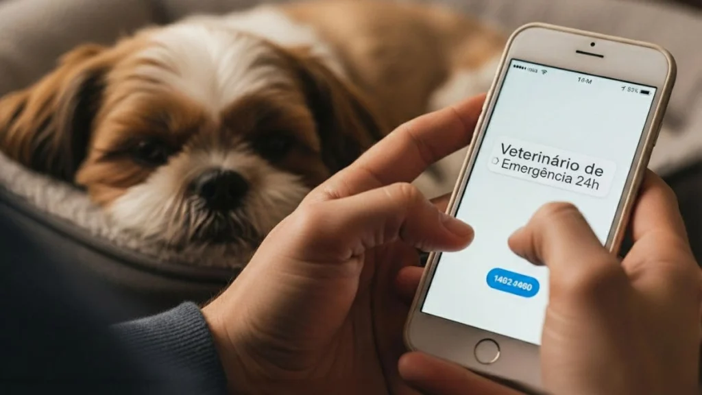 Tutor usando celular para contatar veterinário de emergência após Shih Tzu ingerir alimentos proibidos.