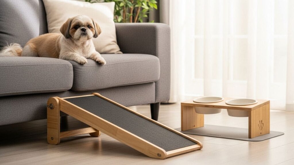 Shih Tzu descansando no sofá com rampa de acesso e comedouro elevado, itens que contribuem para a expectativa de vida do Shih Tzu.