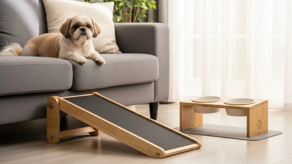 Shih Tzu descansando no sofá com rampa de acesso e comedouro elevado, itens que contribuem para a expectativa de vida do Shih Tzu.