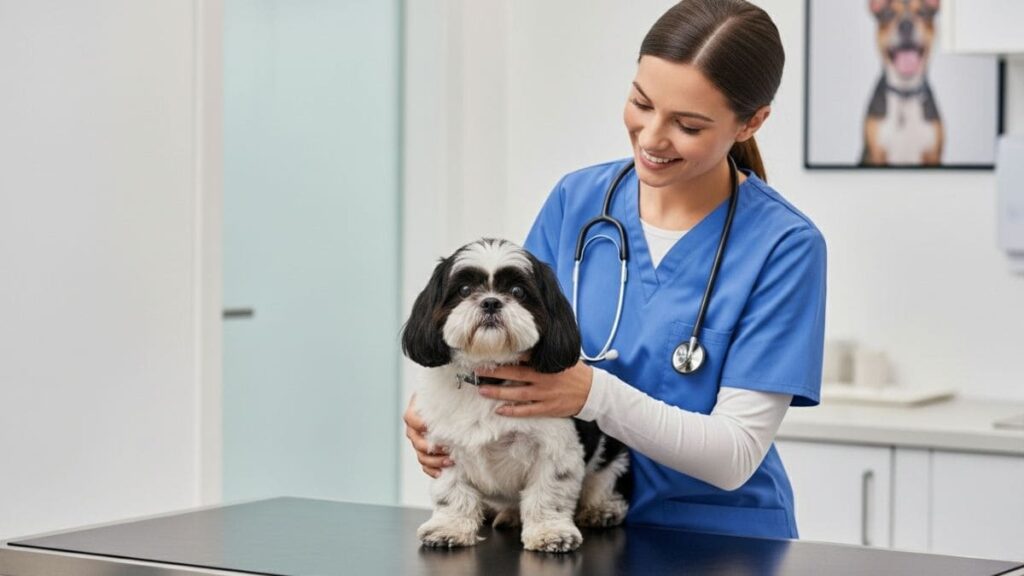 Veterinária sorrindo enquanto examina um cão da raça Shih Tzu preto e branco sobre uma mesa de atendimento, ilustrando os cuidados de saúde que contribuem para a expectativa de vida do Shih Tzu.