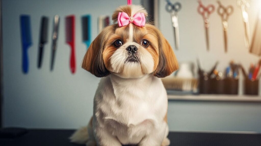Quanto custa um Shih Tzu em 2026? Preços, Gastos Mensais e Dicas de Compra 3 Shih Tzu em pet shop após tosa, ilustrando quanto custa um Shih com despesas de banho e grooming.