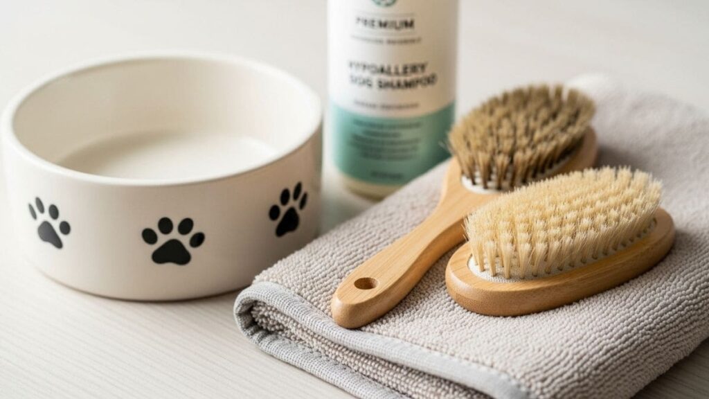 Quanto custa um Shih Tzu em 2026? Preços, Gastos Mensais e Dicas de Compra 2 Itens de higiene para cachorro como escovas, shampoo e toalha, ilustrando quanto custa um Shih e seus cuidados mensais.