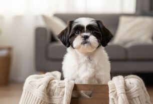 Filhote de Shih Tzu sentado em cesto dentro de casa, imagem ilustrativa para artigo sobre quanto custa um Shih Tzu.