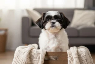 Filhote de Shih Tzu sentado em cesto dentro de casa, imagem ilustrativa para artigo sobre quanto custa um Shih Tzu.
