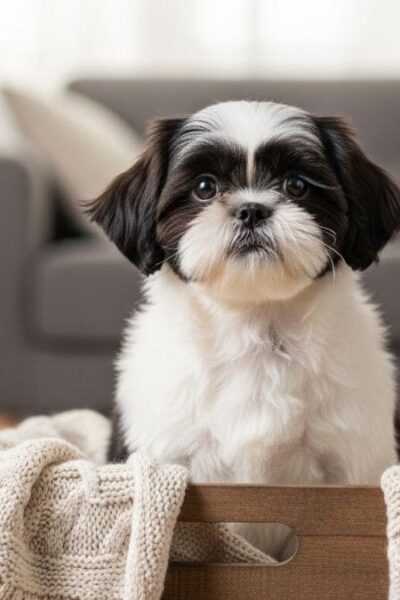 Filhote de Shih Tzu sentado em cesto dentro de casa, imagem ilustrativa para artigo sobre quanto custa um Shih Tzu.