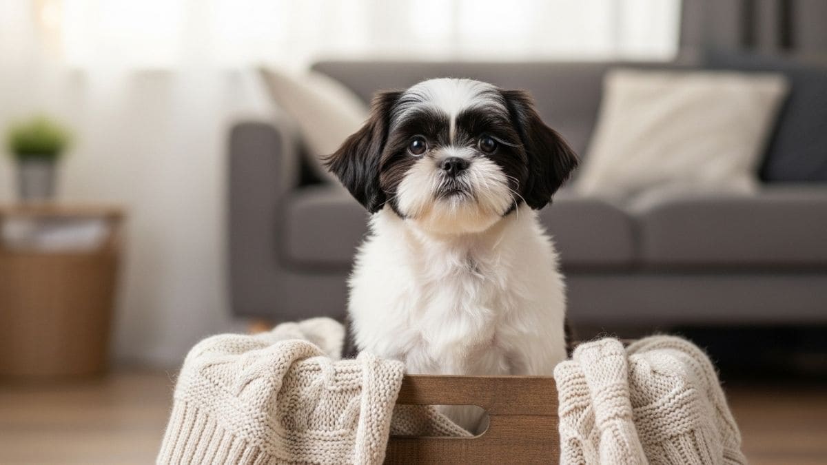 Filhote de Shih Tzu sentado em cesto dentro de casa, imagem ilustrativa para artigo sobre quanto custa um Shih Tzu.