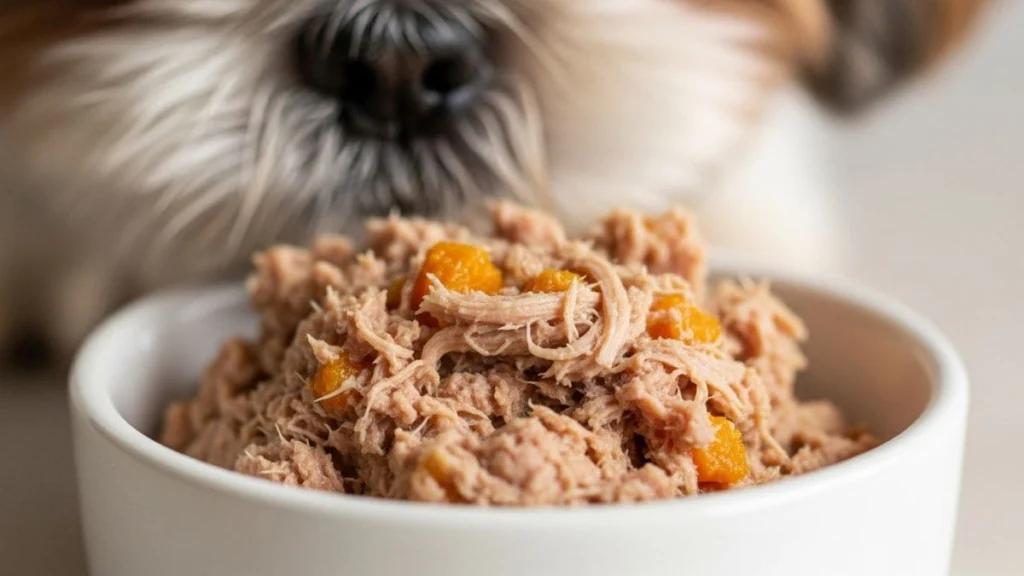 Close-up de uma tigela branca com ração úmida para Shih Tzu em textura de patê com pedaços de abóbora, com o focinho de um cão ao fundo.