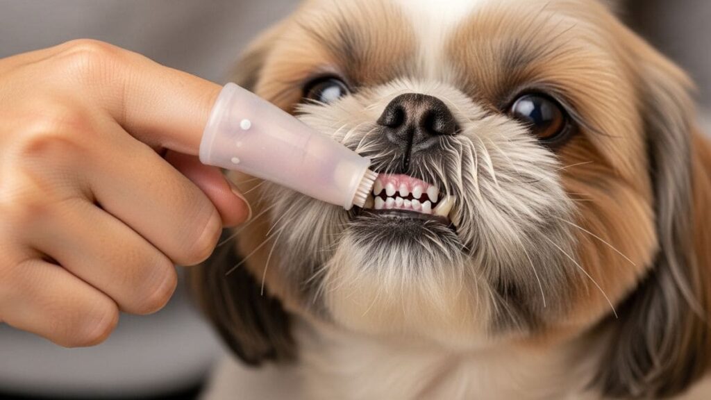 Escova dental de dedo limpando os dentes de um Shih Tzu, demonstrando como escovar os dentes do Shih Tzu.
