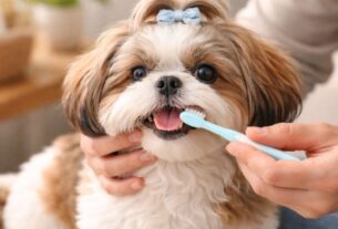 Pessoa escovando os dentes de um Shih Tzu com escova dental pet, demonstrando como escovar os dentes do Shih Tzu corretamente.