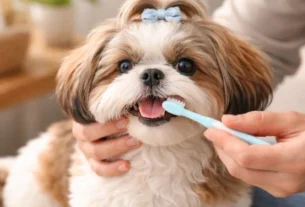 Pessoa escovando os dentes de um Shih Tzu com escova dental pet, demonstrando como escovar os dentes do Shih Tzu corretamente.