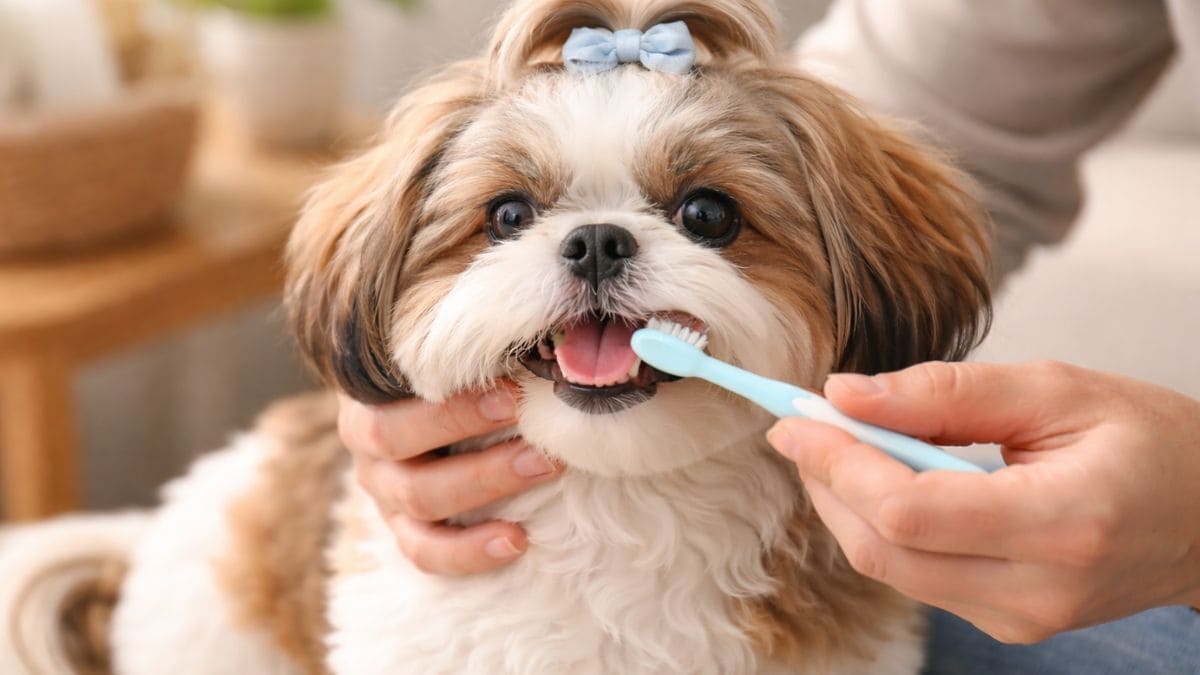 Pessoa escovando os dentes de um Shih Tzu com escova dental pet, demonstrando como escovar os dentes do Shih Tzu corretamente.