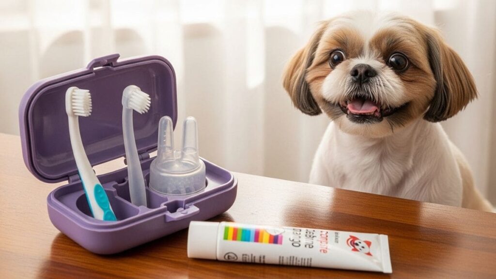Kit de higiene bucal para cachorro ao lado de um Shih Tzu, ilustrando como escovar os dentes do Shih Tzu com os produtos corretos.