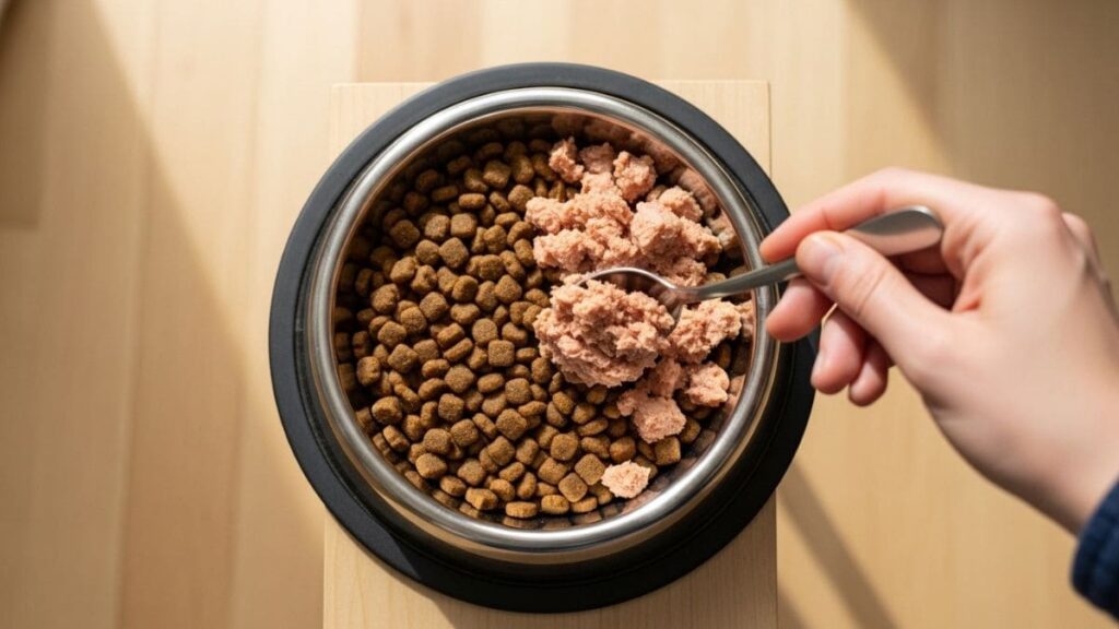 Ração Úmida para Shih Tzu: Vale a Pena? Guia Completo de Nutrição e Cuidados 3 Vista superior de uma mão utilizando uma colher para misturar ração úmida para Shih Tzu em formato de patê rosado com grãos de ração seca em uma tigela de aço inoxidável.