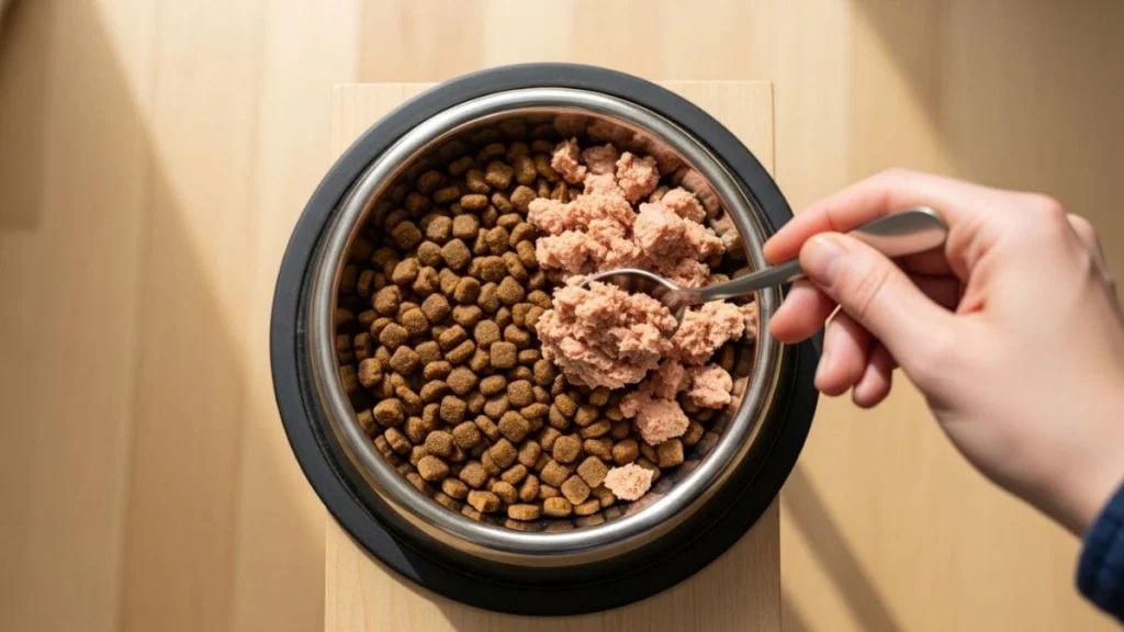 Vista superior de uma mão utilizando uma colher para misturar ração úmida para Shih Tzu em formato de patê rosado com grãos de ração seca em uma tigela de aço inoxidável.