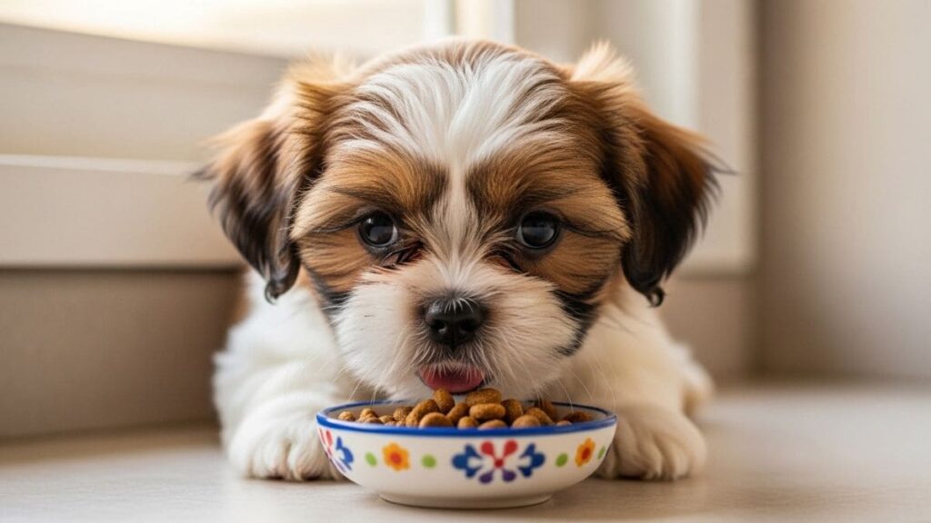 Quanto de ração um Shih Tzu deve comer? Tabela por idade e peso 2 Close-up de um filhote de Shih Tzu tricolor (branco, marrom e preto) comendo ração seca em uma tigela pequena e decorada com flores, ilustrando a quantidade de ração para Shih Tzu ideal para o crescimento.