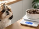 Shih Tzu observando pote de ração sobre balança digital marcando a quantidade de ração para Shih Tzu.