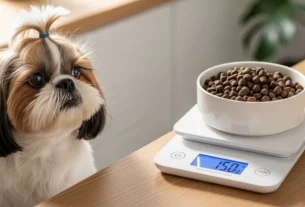 Shih Tzu observando pote de ração sobre balança digital marcando a quantidade de ração para Shih Tzu.