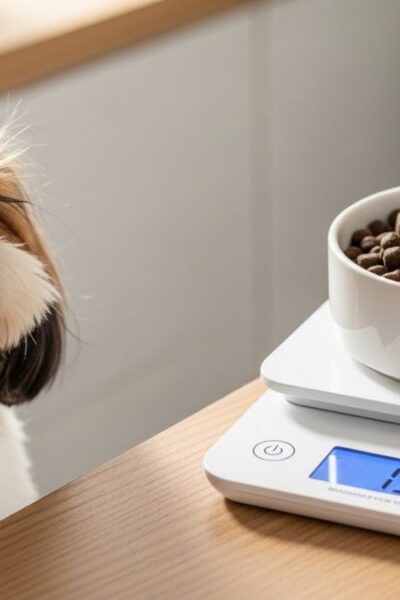 Shih Tzu observando pote de ração sobre balança digital marcando a quantidade de ração para Shih Tzu.