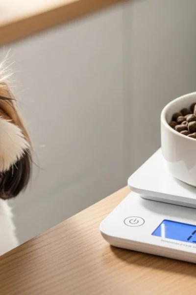 Shih Tzu observando pote de ração sobre balança digital marcando a quantidade de ração para Shih Tzu.