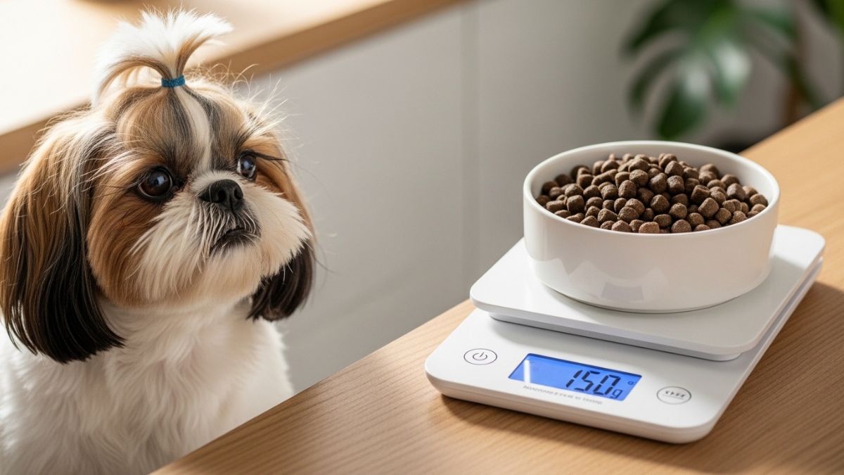Shih Tzu observando pote de ração sobre balança digital marcando a quantidade de ração para Shih Tzu.