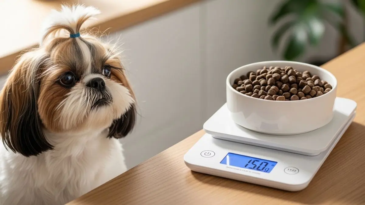 Shih Tzu observando pote de ração sobre balança digital marcando a quantidade de ração para Shih Tzu.