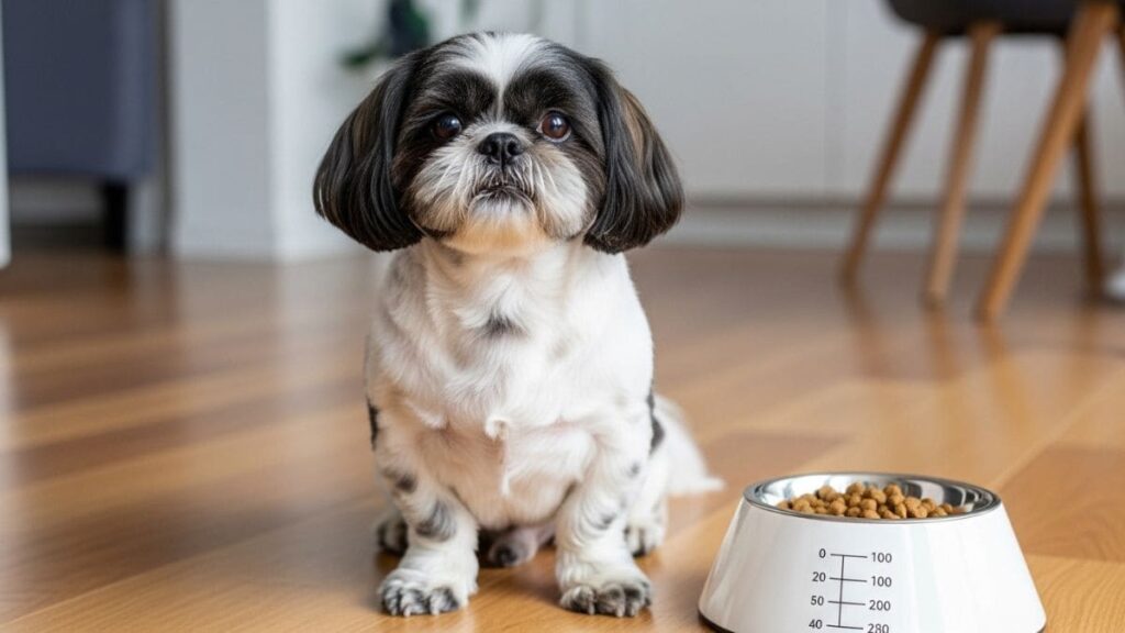 Quanto de ração um Shih Tzu deve comer? Tabela por idade e peso 3 Cão Shih Tzu preto e branco sentado de forma comportada ao lado de uma tigela de alimentação branca com marcações de medidas, ilustrando a importância da correta quantidade de ração para Shih Tzu.