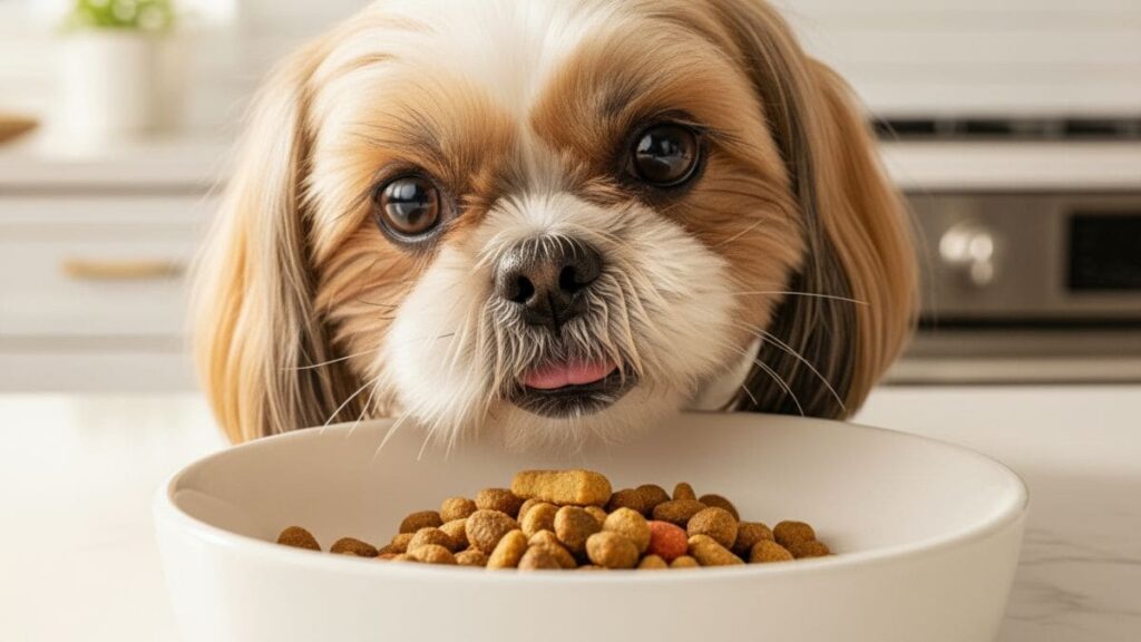 Quanto custa um Shih Tzu em 2026? Preços, Gastos Mensais e Dicas de Compra 4 Shih Tzu comendo ração premium em tigela branca, representando quanto custa um Shih com alimentação mensal.
