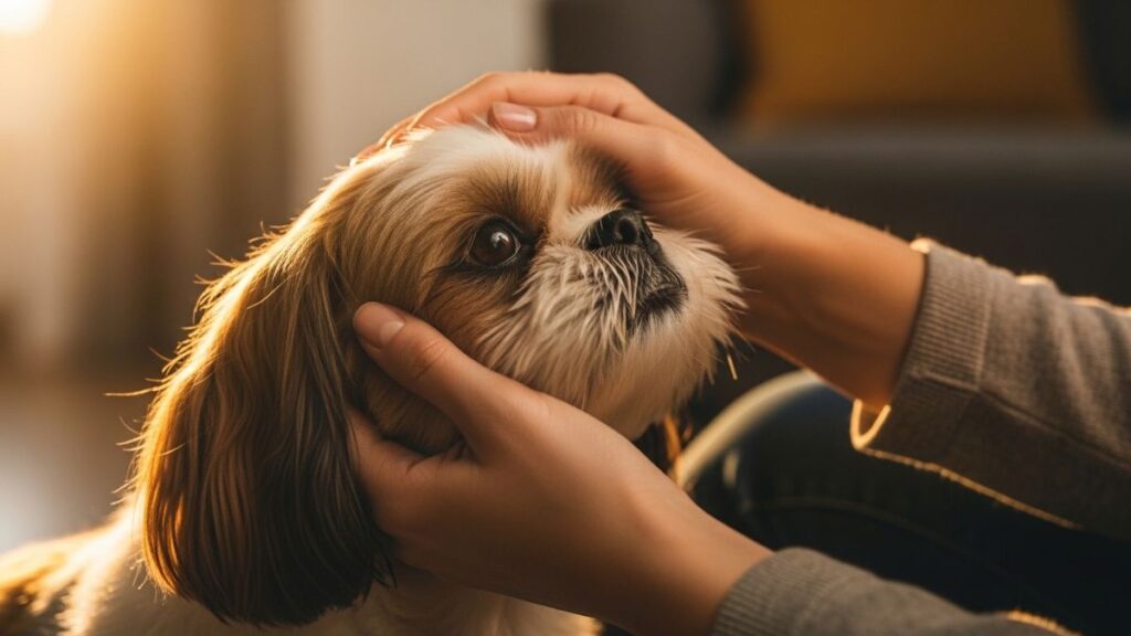 Quanto custa um Shih Tzu em 2026? Preços, Gastos Mensais e Dicas de Compra 5 Pessoa acariciando um Shih Tzu em ambiente interno, ilustrando quanto custa um Shih em cuidados e bem-estar.