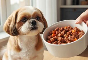 Cão Shih Tzu branco e marrom olhando com atenção para uma tigela branca contendo ração úmida para Shih Tzu com pedaços de carne e cenoura, segurada por uma pessoa.