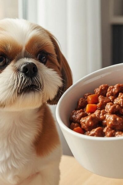 Cão Shih Tzu branco e marrom olhando com atenção para uma tigela branca contendo ração úmida para Shih Tzu com pedaços de carne e cenoura, segurada por uma pessoa.