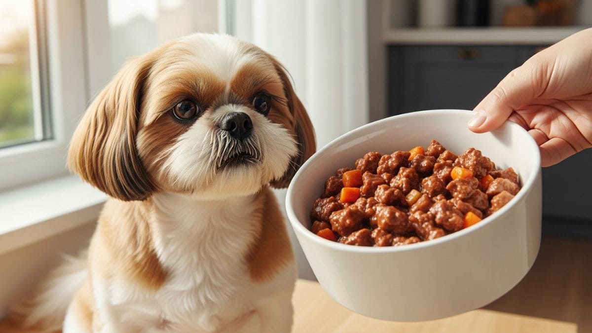 Cão Shih Tzu branco e marrom olhando com atenção para uma tigela branca contendo ração úmida para Shih Tzu com pedaços de carne e cenoura, segurada por uma pessoa.