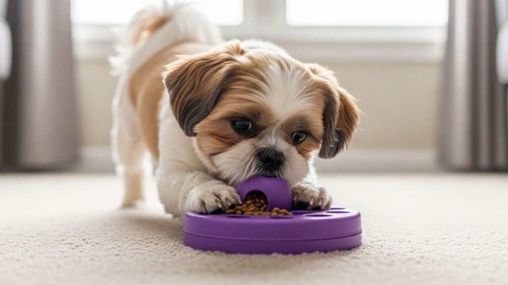 Cão Shih Tzu tricolor (marrom, branco e preto) deitado em um carpete, focado e manipulando com as patas e a boca um brinquedo alimentador interativo roxo com ração. O brinquedo tem o texto em branco "SHIH TZU ENJOADO PARA COMER". Ilustra como lidar com um Shih Tzu enjoado para comer.